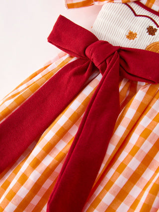 Fall Turkey Embroidered Dress for Girls – Orange Checkered with Thanksgiving Details