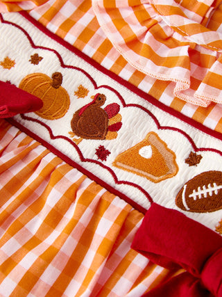 Turkey Fall Embroidered Romper for Baby Girls – Orange Checkered with Thanksgiving Details
