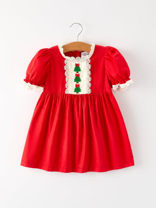 Red Christmas Girls Dress: Beautiful Embroidery with Lace Trim Dress Rylee Faith Designs Size: 2