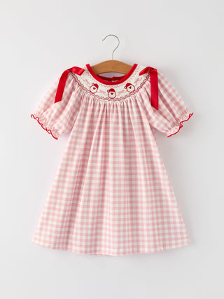 Pink Gingham Christmas Girls Dress: Santa Embroidery with Red Satin Ribbon