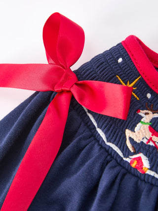 Christmas  Holiday Celebration Dress: Navy with Santa Sleigh
