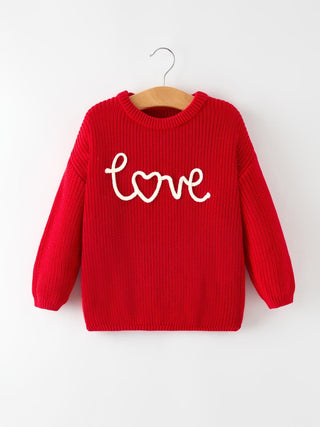 Valentine’s Day Girls Red Knit Sweater - "Love" Heart Embroidery Top Rylee Faith Designs Size: 18M