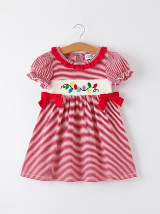 Holiday Girls Dress with Embroidered Christmas Lights and Red Bow Details Dress Rylee Faith Designs Size: 2