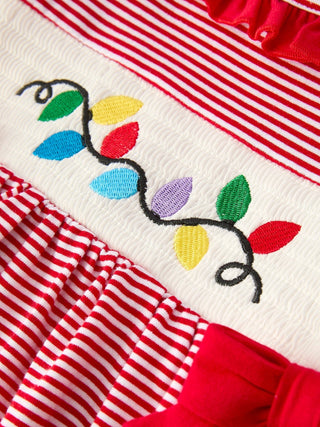 Holiday Girls Dress with Embroidered Christmas Lights and Red Bow Details Dress Rylee Faith Designs Size: 2