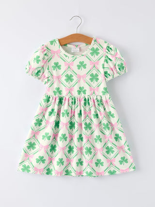 St. Patrick's Day Bow Shamrock Print Short Sleeves Girls Dress Dress Rylee Faith Designs Size: 2