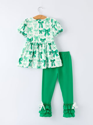 St. Patrick's Day Bow Top and Ruffled Leggings Girls Set Outfit Rylee Faith Designs Size: 2