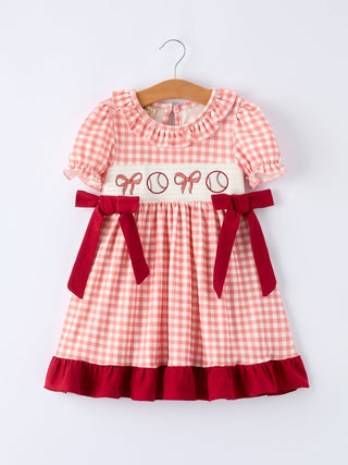 Baseball Embroidery Smocked Ruffle Plaid Girl Dress Dress Rylee Faith Designs Size: 2