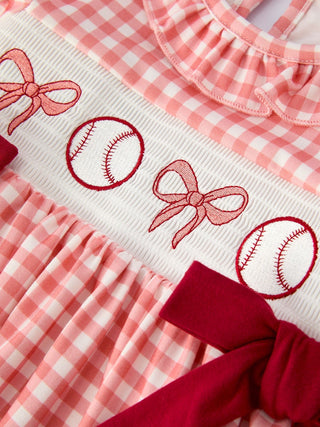 Baseball Embroidery Smocked Ruffle Plaid Girl Dress Dress Rylee Faith Designs Size: 2