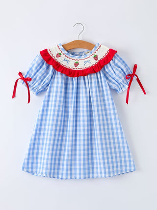 Girls Summer Strawberry Bow Embroidered Smocked Dress Dress Rylee Faith Designs Size: 2