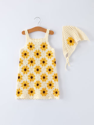 Summer Crochet Sunflower Girl Dress with Headscarf Dress Rylee Faith Designs Size: 2