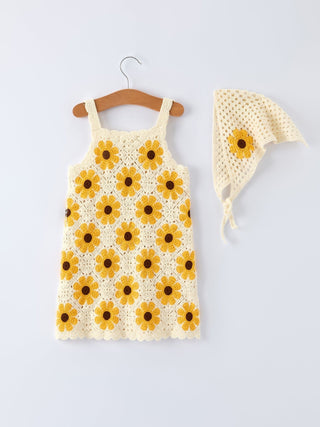 Summer Crochet Sunflower Girl Dress with Headscarf Dress Rylee Faith Designs Size: 2