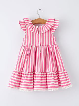 Spring Pink Striped Ruffled Girls' Dress with Hat Dress Rylee Faith Designs Size: 2