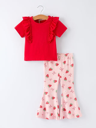 Strawberry Bow Girls Ruffle Top and Bell Bottoms Set Pajamas Rylee Faith Designs Size: 2