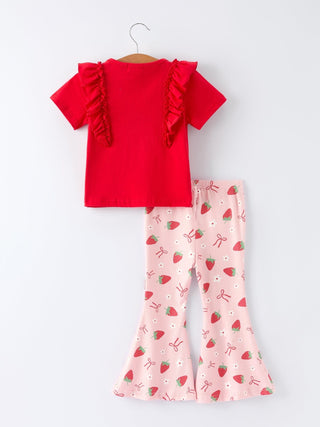 Strawberry Bow Girls Ruffle Top and Bell Bottoms Set Pajamas Rylee Faith Designs Size: 2