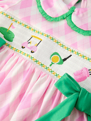 Spring Golf Embroidered Girls Smocked Bow Dress Dress Rylee Faith Designs Size: 2
