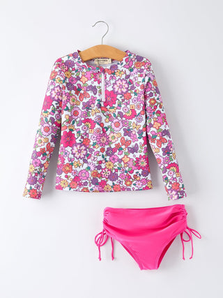 Hot Pink Summer Floral Girls Long-Sleeved Swimsuit Set Swimsuit Rylee Faith Designs Size: 2