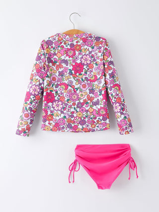 Hot Pink Summer Floral Girls Long-Sleeved Swimsuit Set Swimsuit Rylee Faith Designs Size: 2