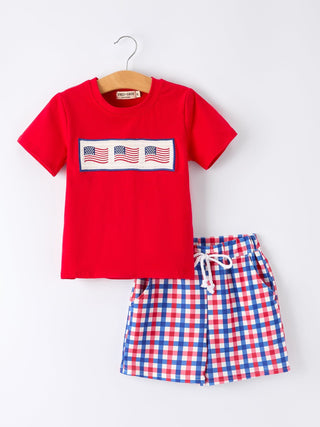 Boys 4th of July Plaid Flag Set Outfit Rylee Faith Designs Size: 2