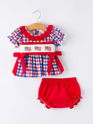 4th of July Plaid Flag Girl Bloomer Set With Bow Outfit Rylee Faith Designs Size: 3M
