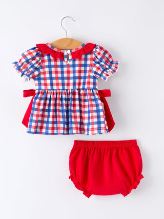 4th of July Plaid Flag Girl Bloomer Set With Bow Outfit Rylee Faith Designs Size: 3M