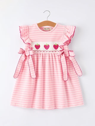 Strawberry Embroidery Pink Stripe Girl Smocked Dress Dress Rylee Faith Designs Size: 2