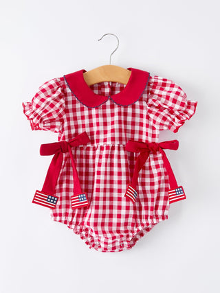 4th of July Flag Plaid Girl Peter Pan Collar Romper Bow Romper Rylee Faith Designs Size: 3M