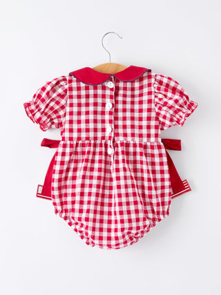 4th of July Flag Plaid Girl Peter Pan Collar Romper Bow Romper Rylee Faith Designs Size: 3M