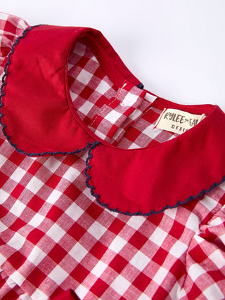 4th of July Flag Plaid Girl Bow Peter Pan Collar Romper Romper Rylee Faith Designs Size: 3M