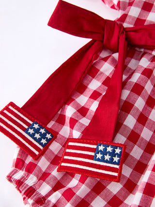 4th of July Flag Plaid Girl Bow Peter Pan Collar Romper Romper Rylee Faith Designs Size: 3M
