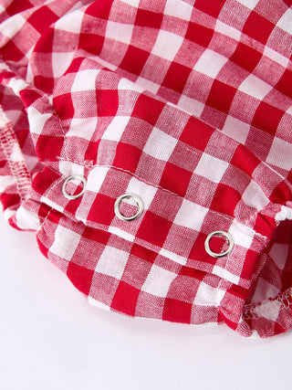 4th of July Flag Plaid Girl Bow Peter Pan Collar Romper Romper Rylee Faith Designs Size: 3M