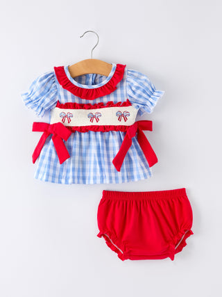 4th of july Plaid Smocking Girls Bloomer Set Romper Rylee Faith Designs Size: 3M
