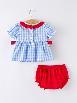 4th of july Plaid Smocking Girls Bloomer Set Romper Rylee Faith Designs Size: 3M