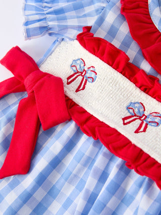 4th of july Plaid Smocking Girls Bloomer Set Romper Rylee Faith Designs Size: 3M