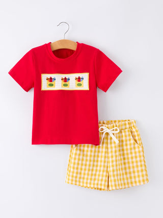 Back to School Crayon Smocked Boys Plaid Shorts Set Rylee Faith Designs