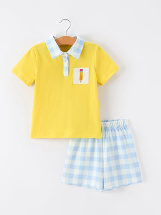 Boys Back To School Pencil Plaid Polo Short Set Embroidery Rylee Faith Designs