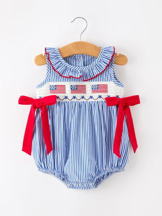 Girls 4th of July Plaid Romper Bow Smocked Embroidery Romper Rylee Faith Designs Size: 3M