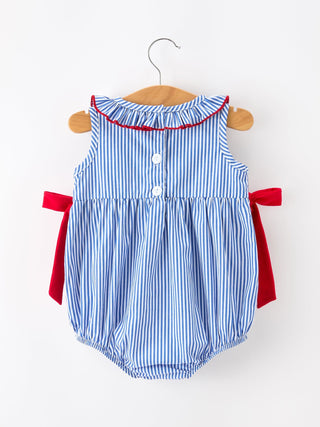 Girls 4th of July Plaid Romper Bow Smocked Embroidery Romper Rylee Faith Designs Size: 3M