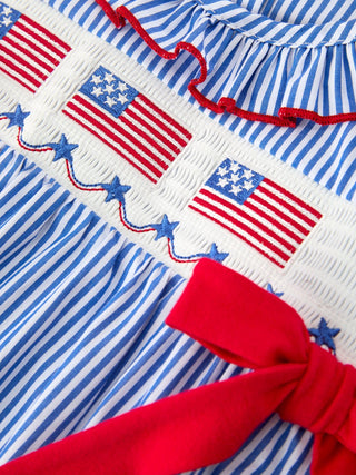 Girls 4th of July Plaid Smocked Embroidery Romper with Bow Romper Rylee Faith Designs Size: 3M