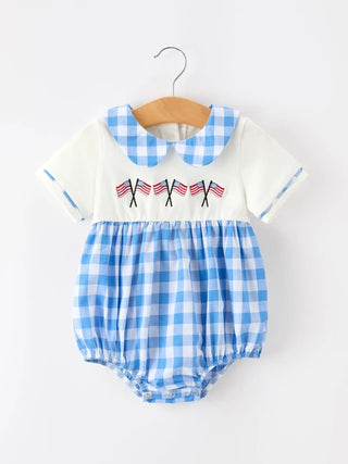 Boys 4th of July Plaid Romper Embroidery Petals Collar Rylee Faith Designs
