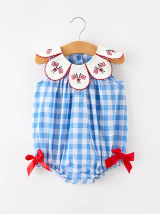 Girls 4th of July Plaid Embroidery Petals Collar Romper with Bow Romper Rylee Faith Designs Size: 3M