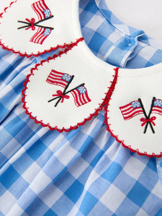 Girls 4th of July Plaid Embroidery Petals Collar Romper with Bow Romper Rylee Faith Designs Size: 3M