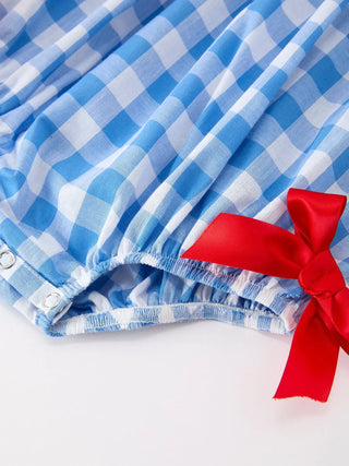 Girls 4th of July Plaid Embroidery Petals Collar Romper with Bow Romper Rylee Faith Designs Size: 3M