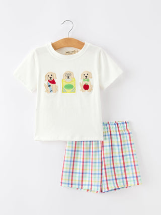 Boys Back To School Dog Plaid Short Set Applique Rylee Faith Designs