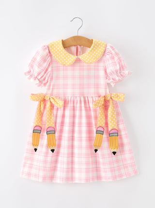 Girls Back To School Pencil Plaid Twirl Dress Bow Petals Collar Rylee Faith Designs