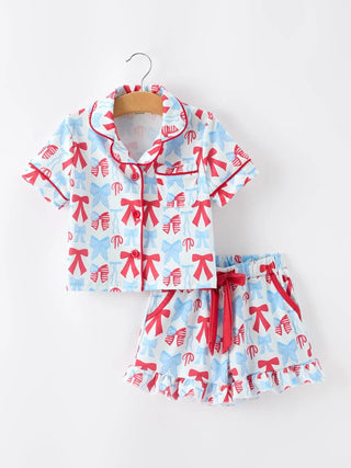 4th of July Bow Girls Short Sleeve Top and Ruffle Shorts Pajama Set Pajamas Rylee Faith Designs Size: 2