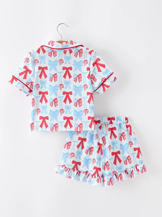 4th of July Bow Girls Short Sleeve Top and Ruffle Shorts Pajama Set Pajamas Rylee Faith Designs Size: 2