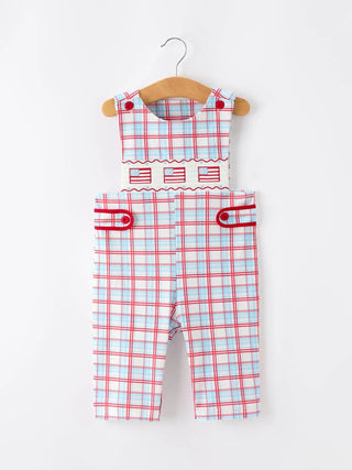 4th of July Plaid Boys Smocked Flag Button Strap Romper Romper Rylee Faith Designs Size: 3M