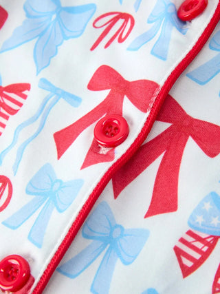 4th of July Bow Girls Short Sleeve Top and Ruffle Shorts Pajama Set Pajamas Rylee Faith Designs Size: 2