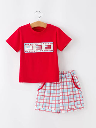 4th of July Flag Boys Short Sleeve Top and Plaid Shorts Set Outfit Rylee Faith Designs Size: 2