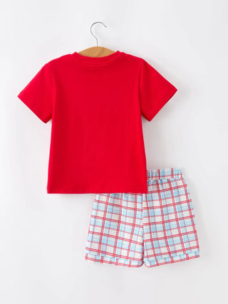 4th of July Flag Boys Short Sleeve Top and Plaid Shorts Set Outfit Rylee Faith Designs Size: 2